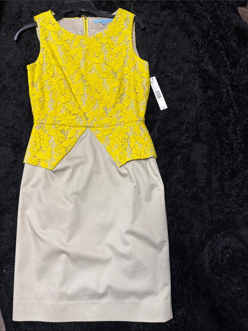 Antonio Melani yellow floral lace colorblock peplum sheath dress.